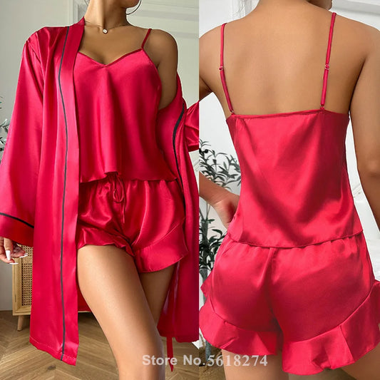 Three-Piece Red Silk Pajama Set with Bathrobe, Cami & Shorts