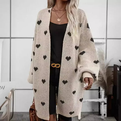 Heart-Print Knitted Long Cardigan