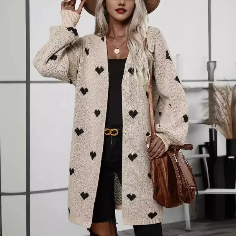 Heart-Print Knitted Long Cardigan