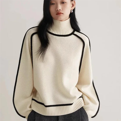 Elegant Patchwork Wool Turtleneck Sweater