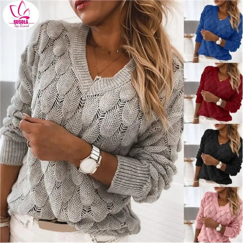 V-Neck Hollow-Out Feather Knit Sweater