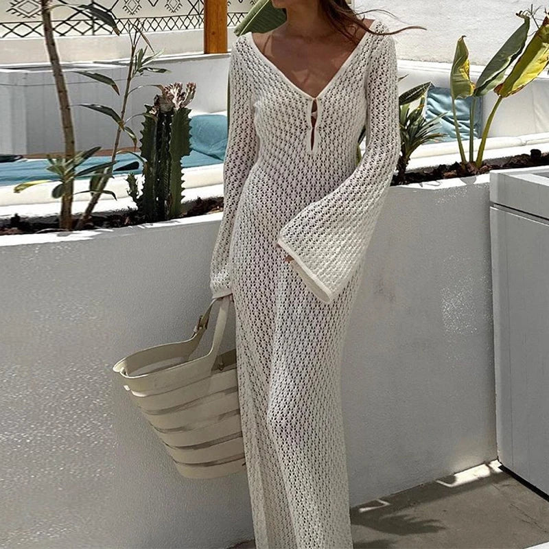 Crochet Hollow Out Beach Dress Flare Sleeve V-Neck Backless