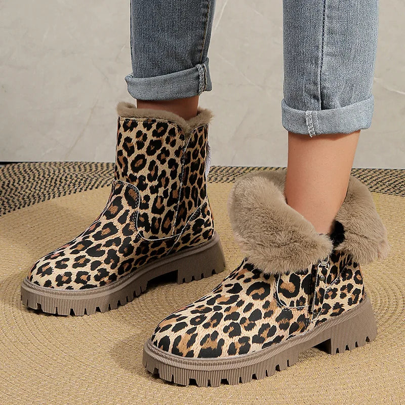 Women's Leopard Print Plush Ankle Boots