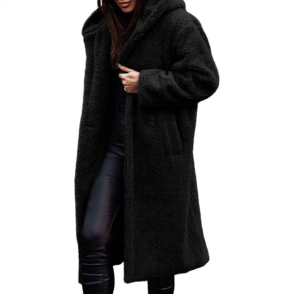 Hooded Long Coat Solid Color Plush Single-Button Winter Autumn Coat