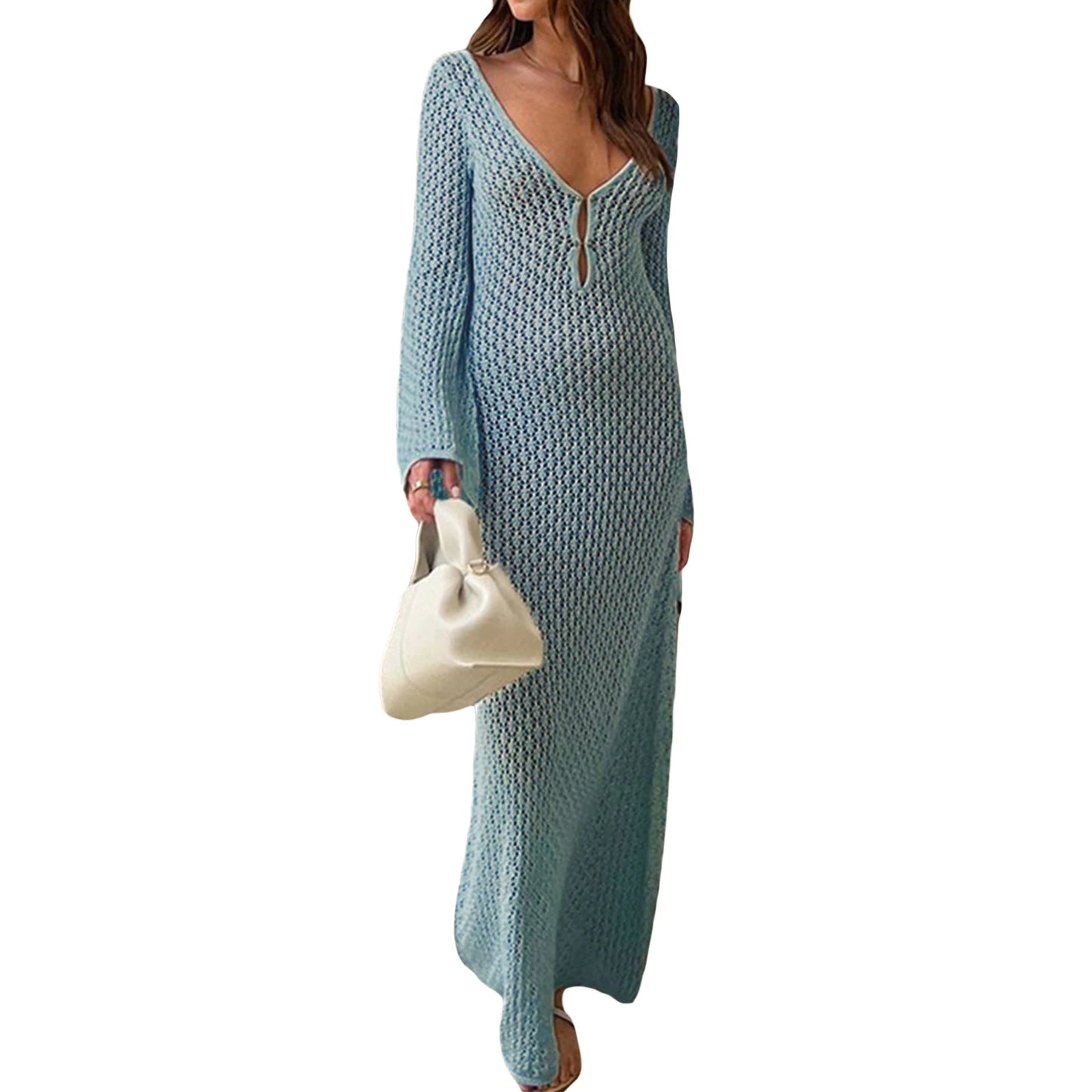 Crochet Hollow Out Beach Dress Flare Sleeve V-Neck Backless