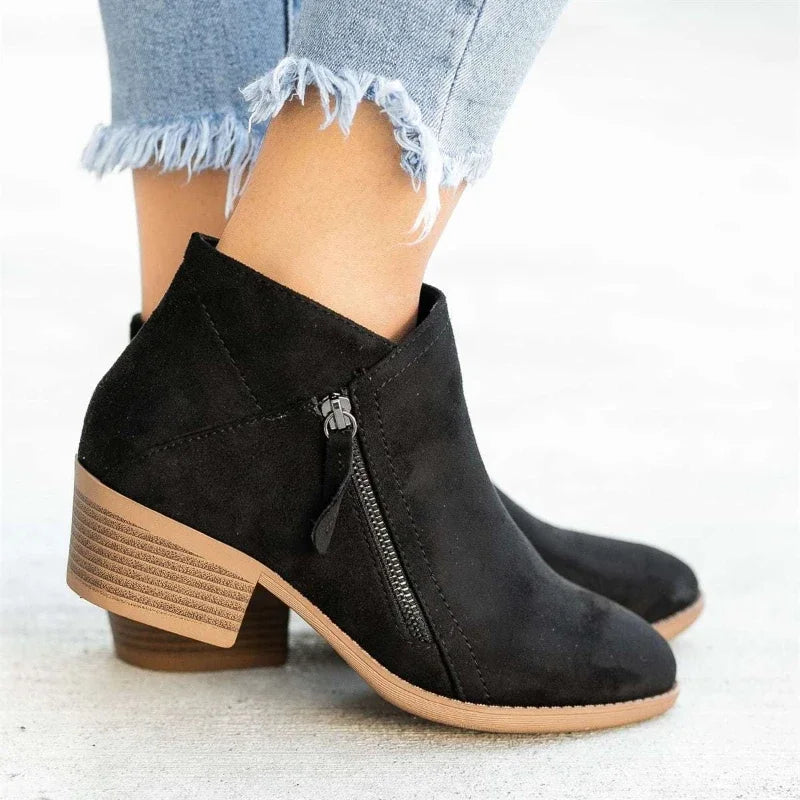 Leather Ankle Boots – Side Zipper, Platform Heel, Round Toe