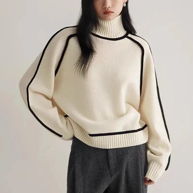 Elegant Patchwork Wool Turtleneck Sweater