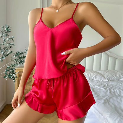 Three-Piece Red Silk Pajama Set with Bathrobe, Cami & Shorts