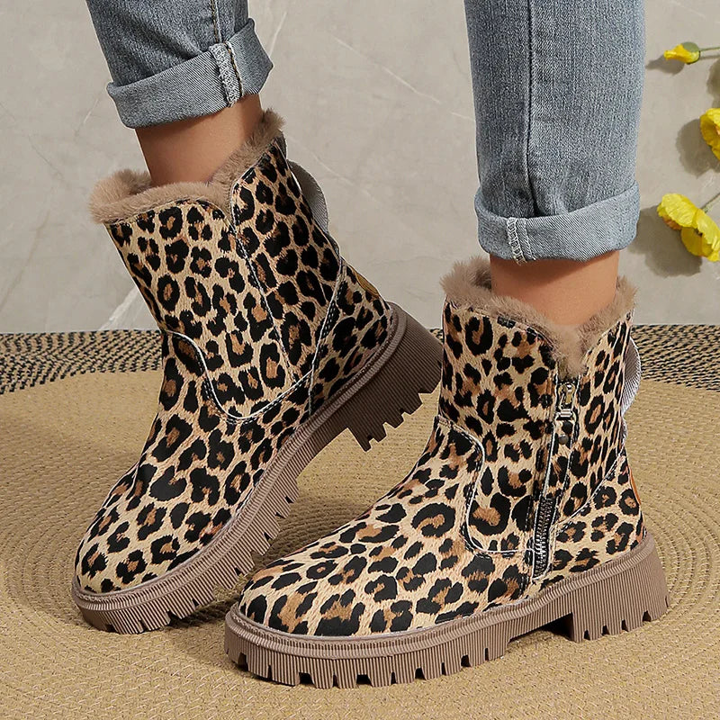 Women's Leopard Print Plush Ankle Boots