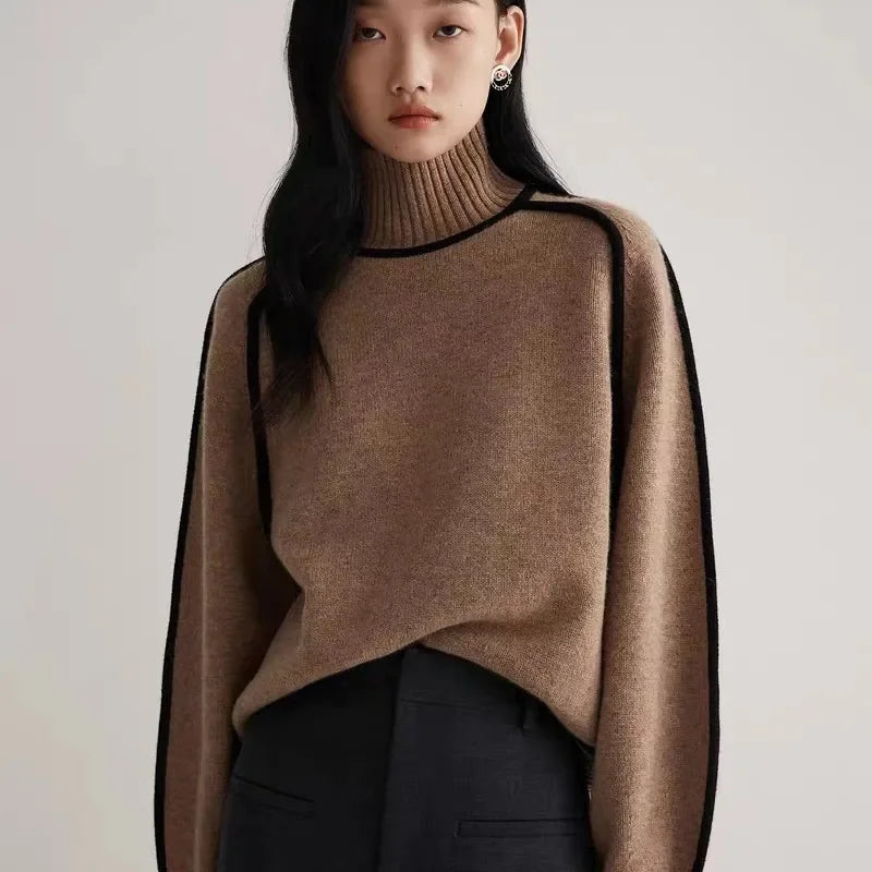 Elegant Patchwork Wool Turtleneck Sweater