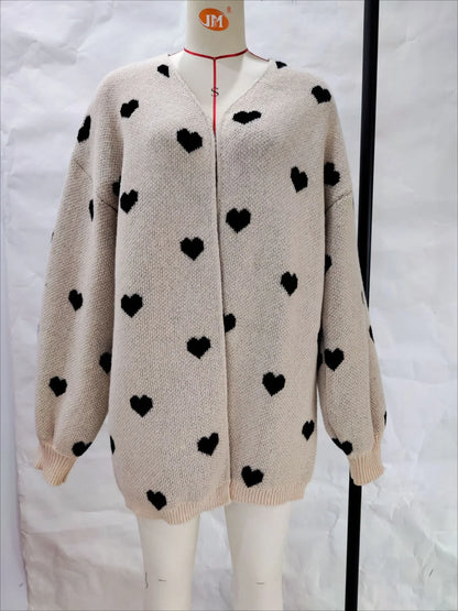 Heart-Print Knitted Long Cardigan