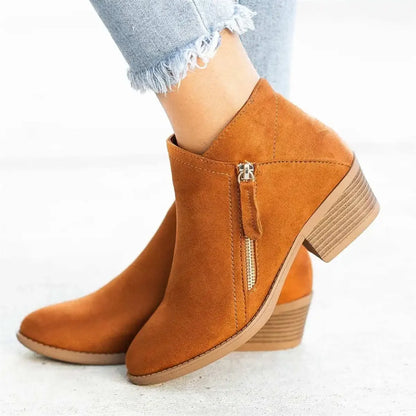 Leather Ankle Boots – Side Zipper, Platform Heel, Round Toe