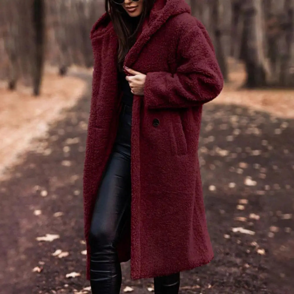 Hooded Long Coat Solid Color Plush Single-Button Winter Autumn Coat