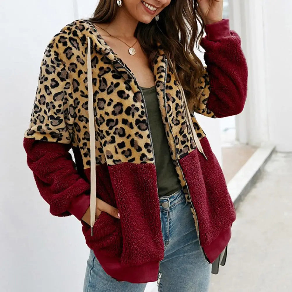 Leopard Print Zip-Up Plush Jacket