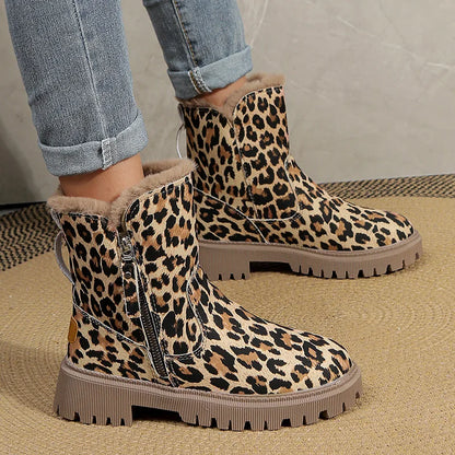 Women's Leopard Print Plush Ankle Boots