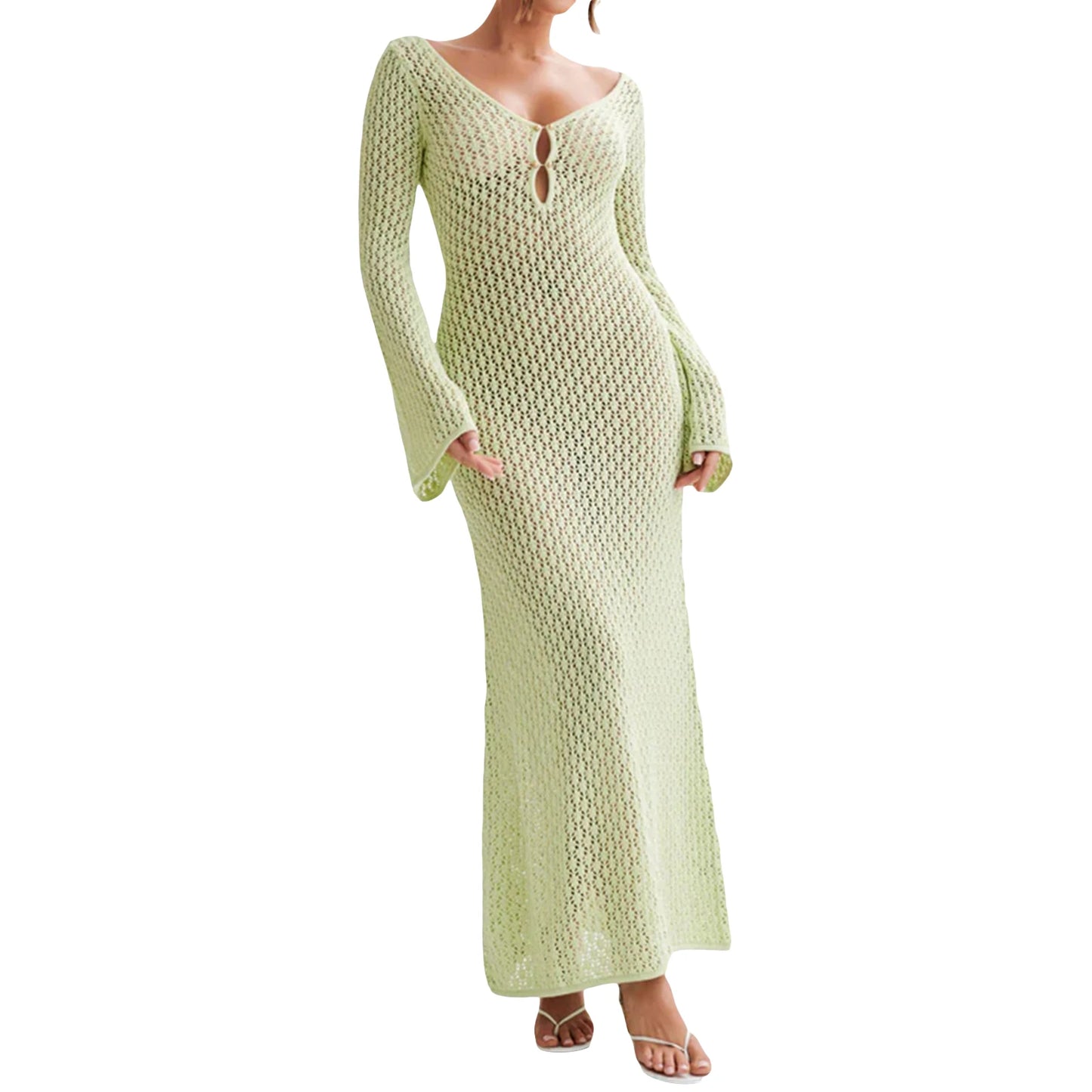 Crochet Hollow Out Beach Dress Flare Sleeve V-Neck Backless