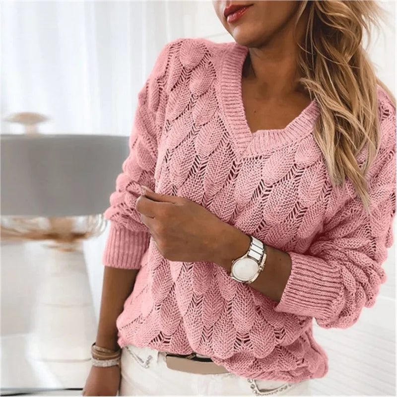 V-Neck Hollow-Out Feather Knit Sweater