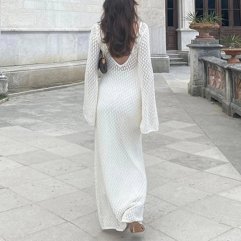 Crochet Hollow Out Beach Dress Flare Sleeve V-Neck Backless