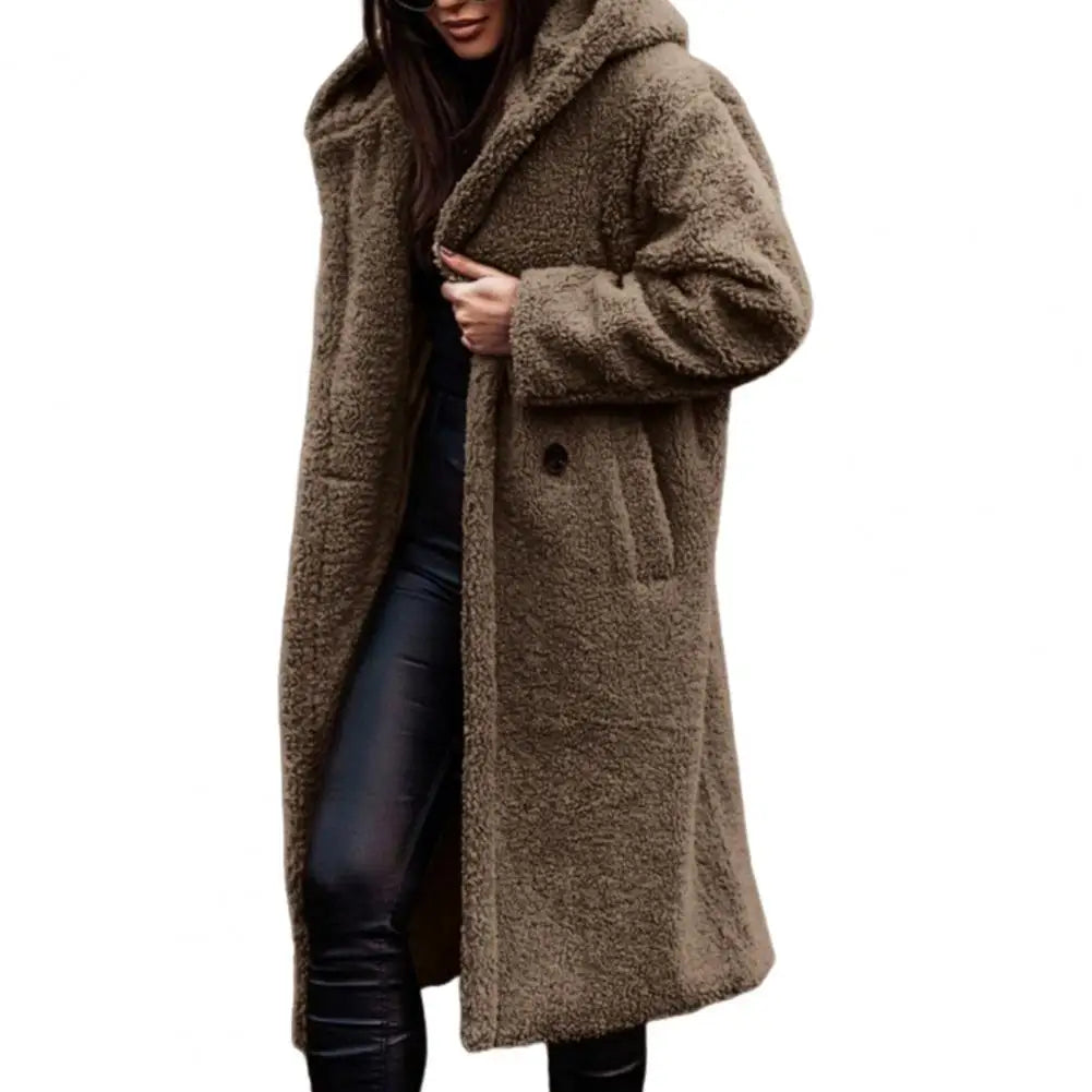 Hooded Long Coat Solid Color Plush Single-Button Winter Autumn Coat