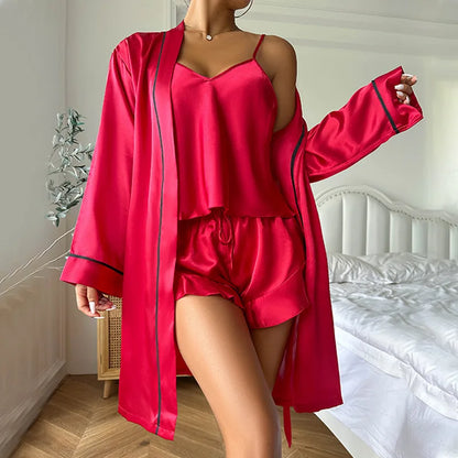 Three-Piece Red Silk Pajama Set with Bathrobe, Cami & Shorts