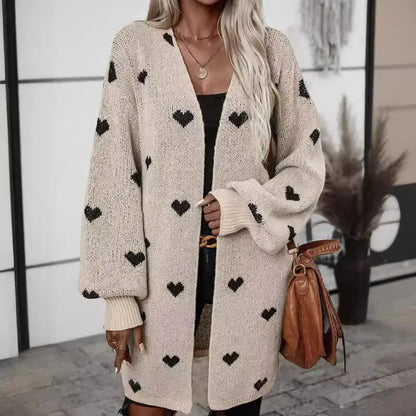 Heart-Print Knitted Long Cardigan