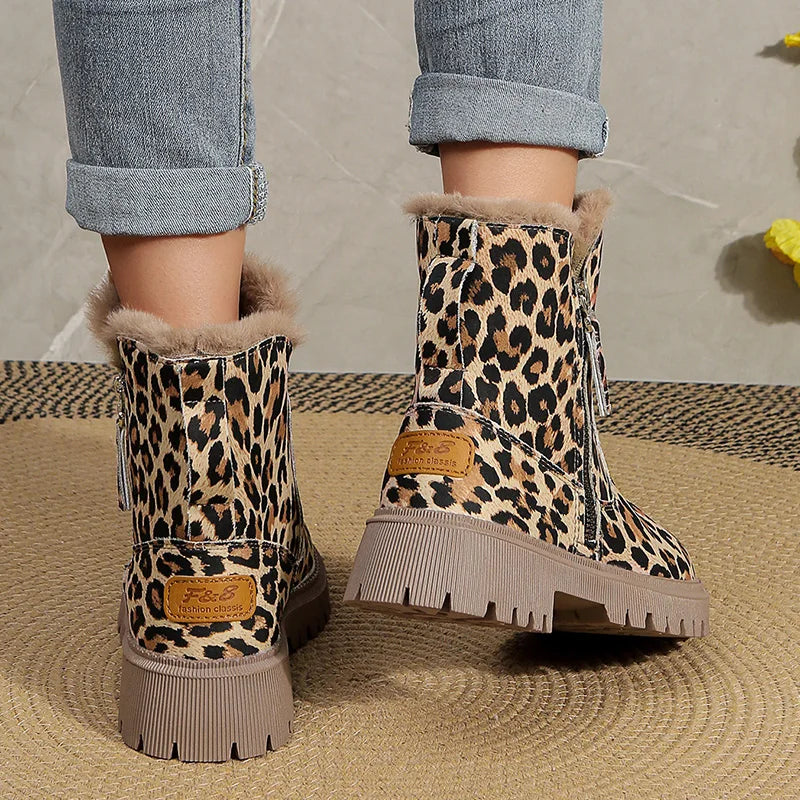 Women's Leopard Print Plush Ankle Boots