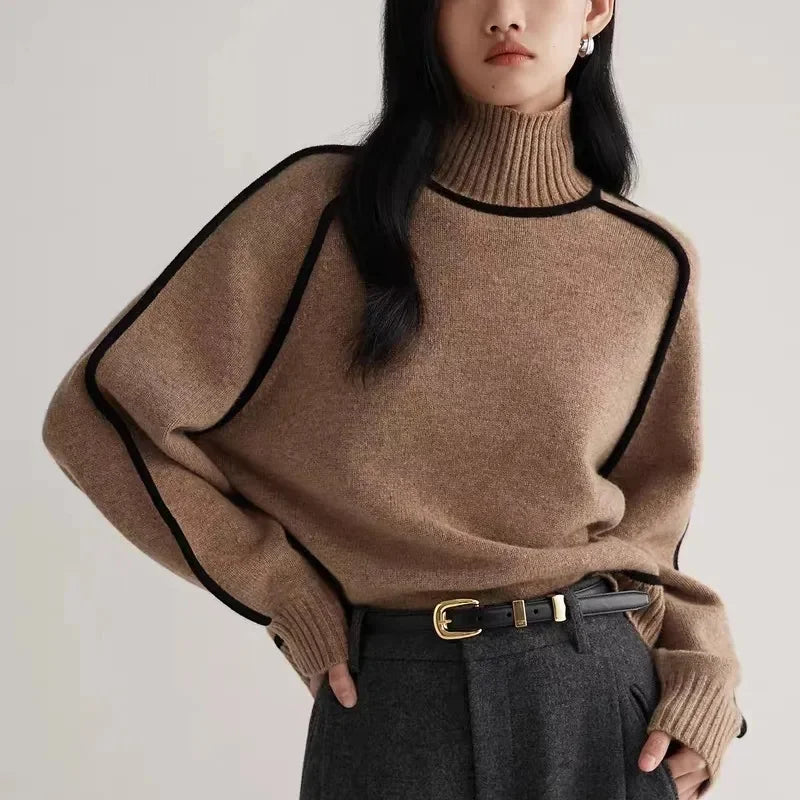 Elegant Patchwork Wool Turtleneck Sweater