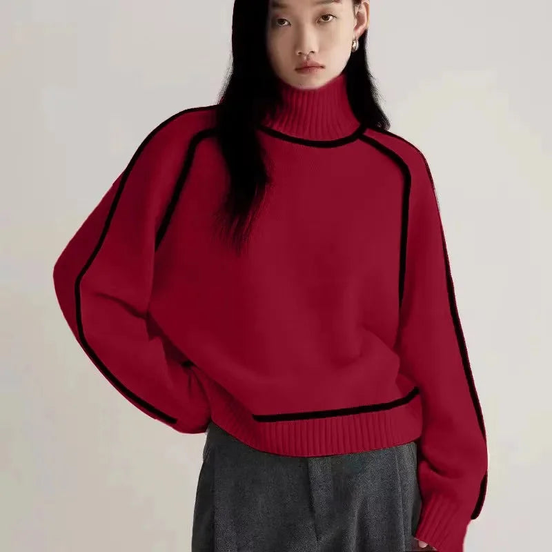 Elegant Patchwork Wool Turtleneck Sweater