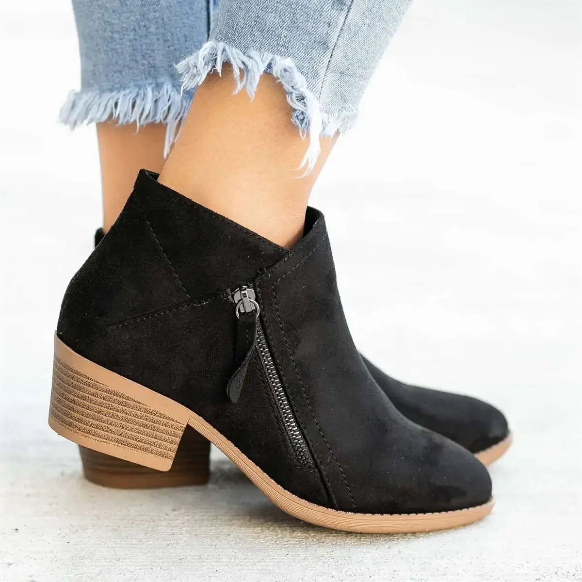 Leather Ankle Boots – Side Zipper, Platform Heel, Round Toe