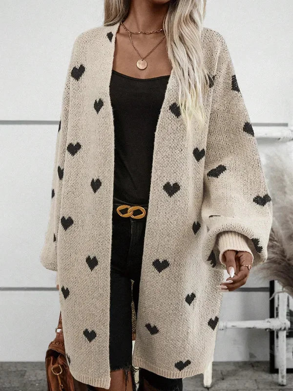 Heart-Print Knitted Long Cardigan