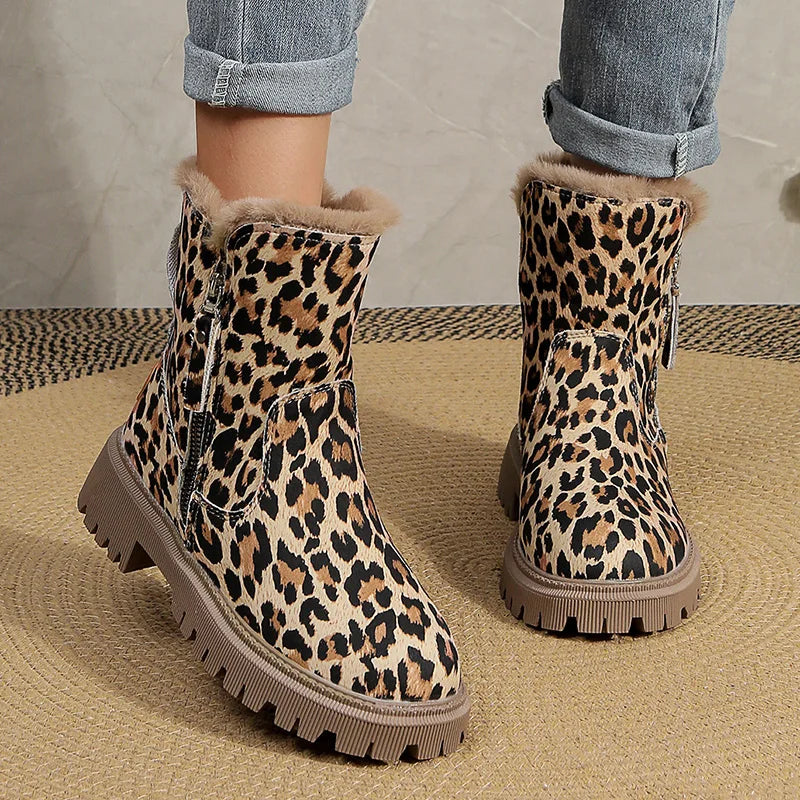 Women's Leopard Print Plush Ankle Boots