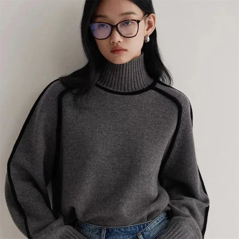 Elegant Patchwork Wool Turtleneck Sweater