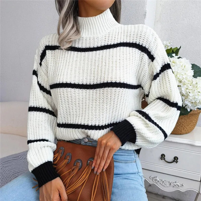 Striped Knit Half-Collar Sweater