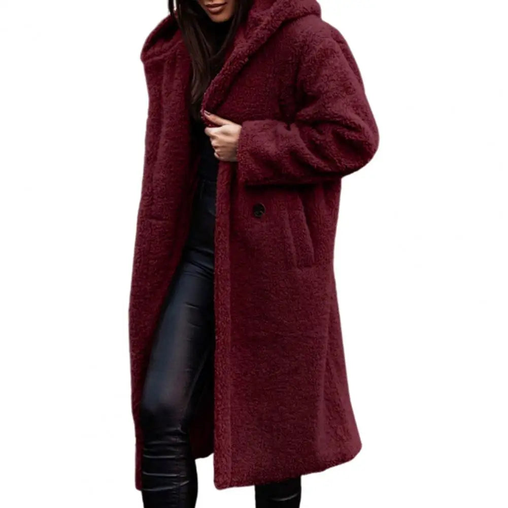 Hooded Long Coat Solid Color Plush Single-Button Winter Autumn Coat