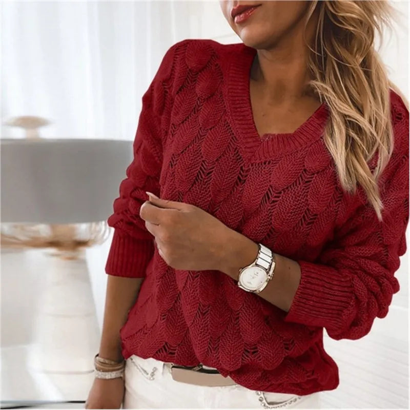 V-Neck Hollow-Out Feather Knit Sweater