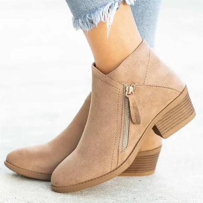 Leather Ankle Boots – Side Zipper, Platform Heel, Round Toe