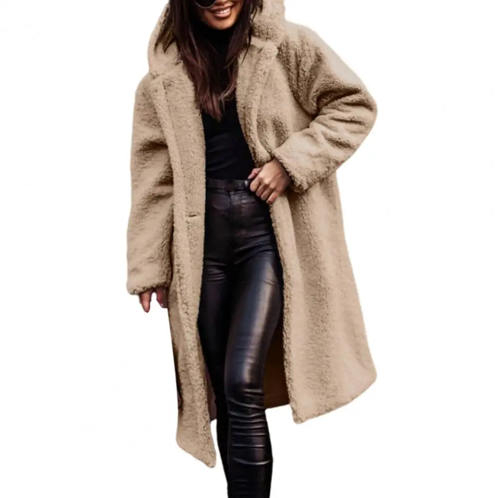 Hooded Long Coat Solid Color Plush Single-Button Winter Autumn Coat