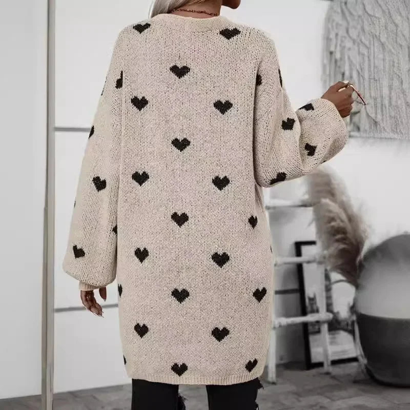 Heart-Print Knitted Long Cardigan